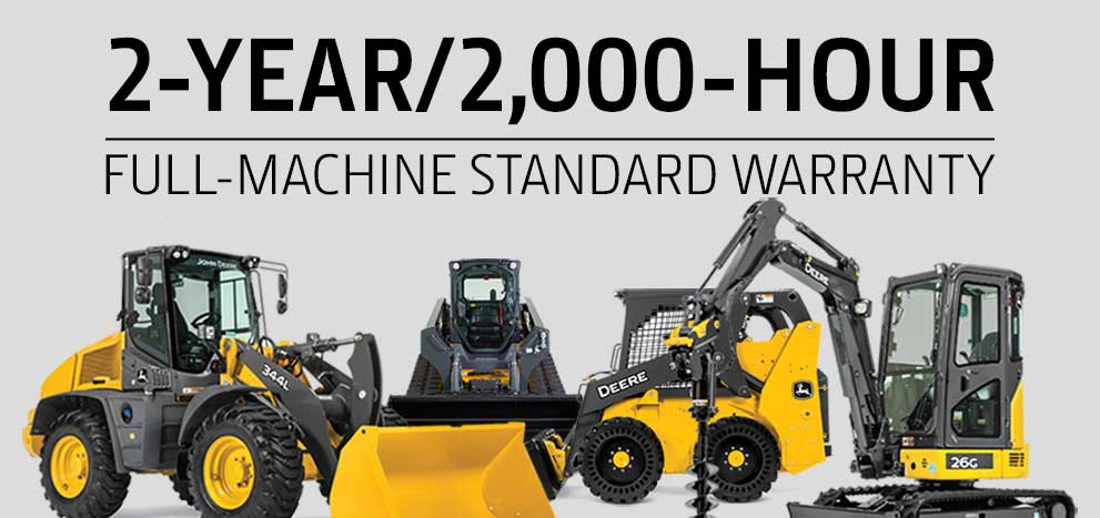 Image of CCE equipment with caption "2-year/2,000-Hour Full Machine Standard Warranty"