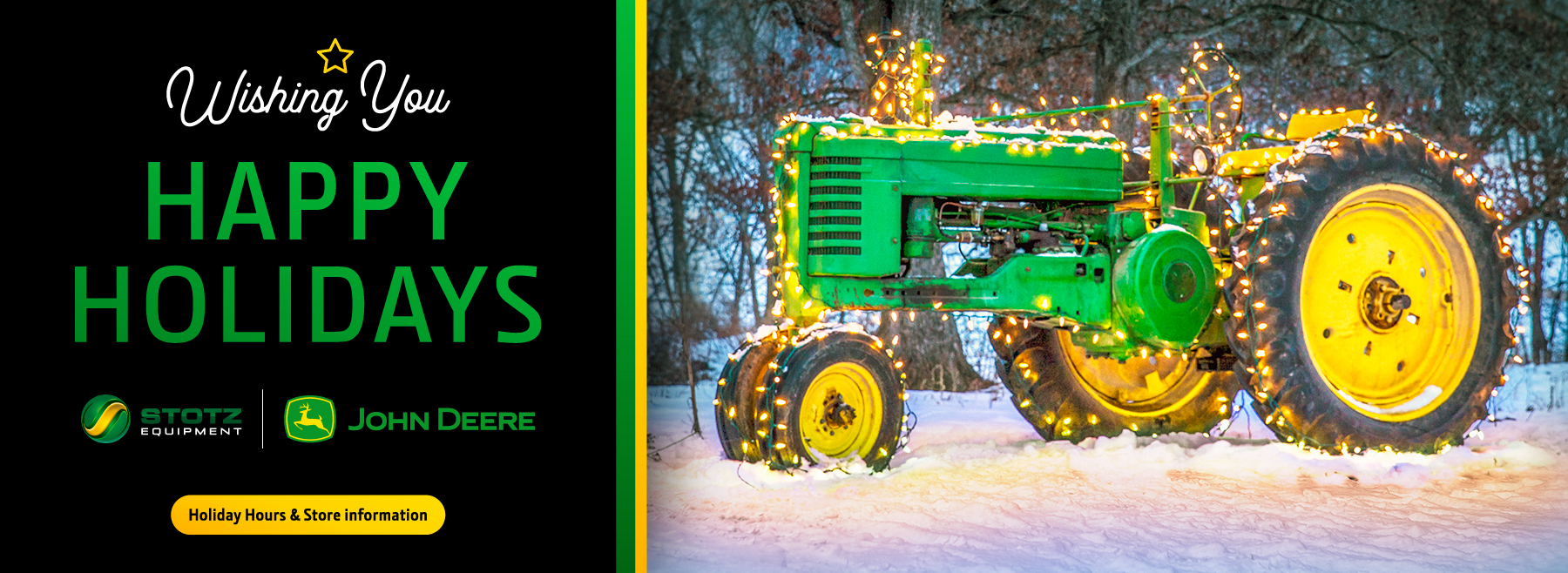 Image of Tractor wrapped in christmas lights.